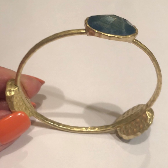 Gold Hammered Bangle Bracelet with Blue Stones - Picture 6 of 7